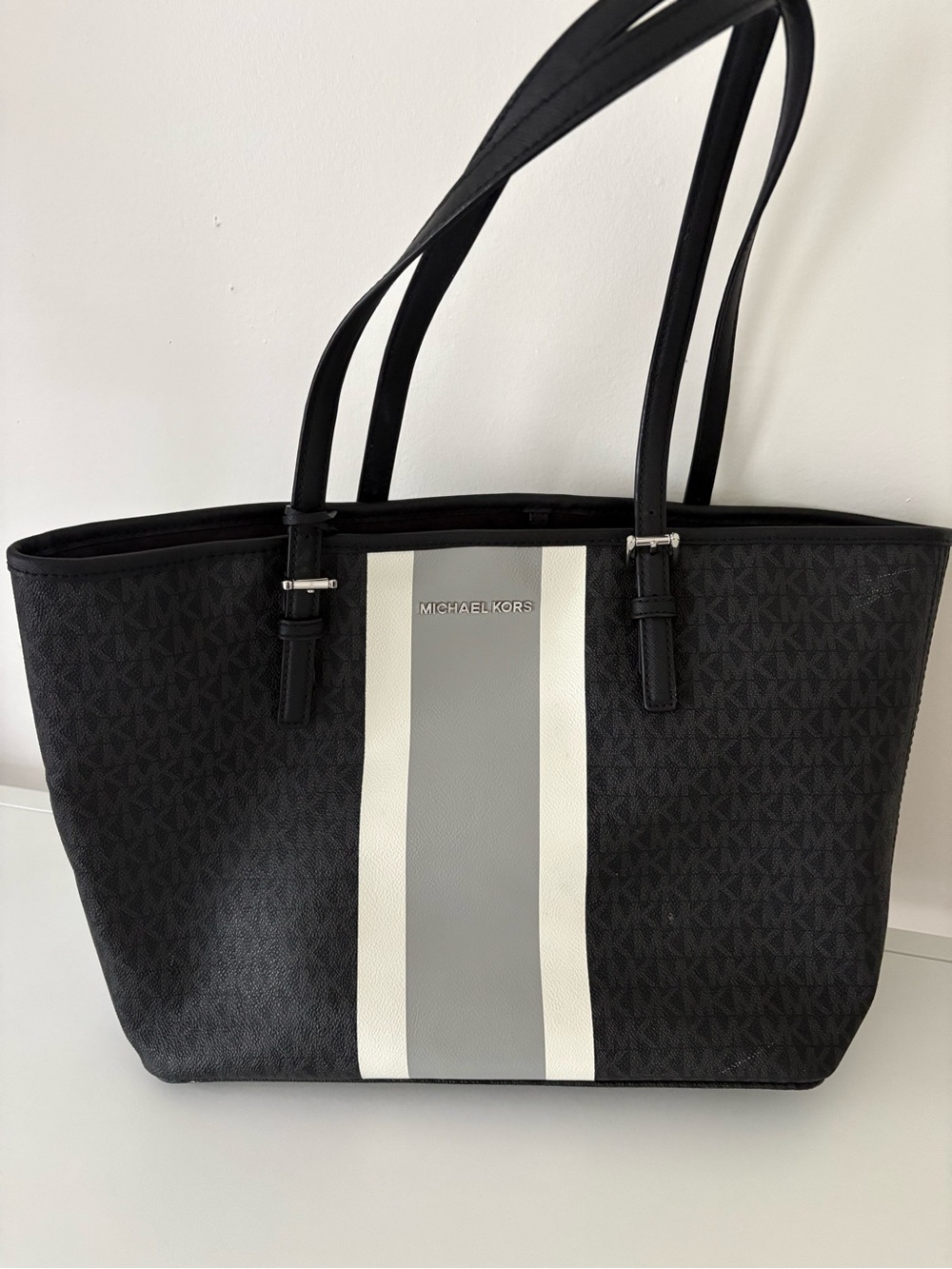 Michael Kors Black Tote with Gray and White Center Stripe